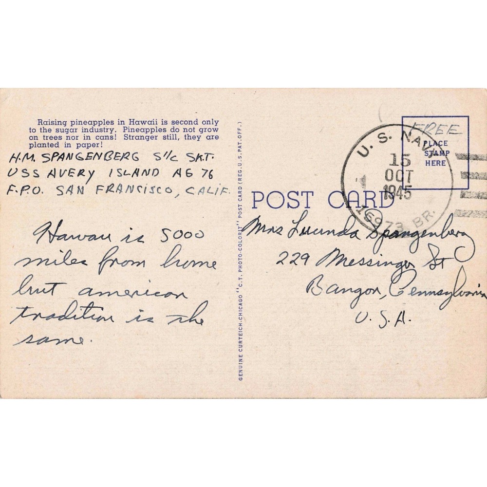 Honolulu Hawaii HI Pineapple Field Linen Postcard USS Avery Island WWII Navy - Picture 2 of 2
